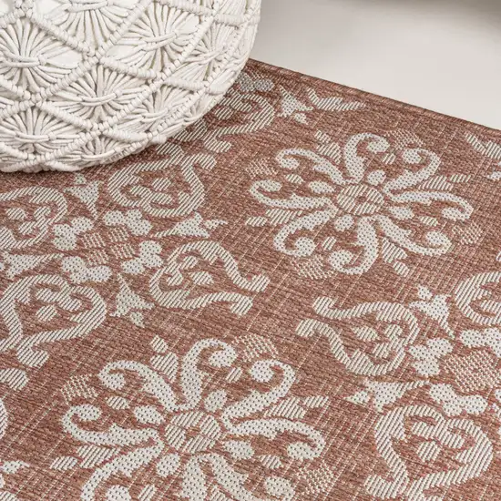 8' Salmon And Cream Floral Indoor Outdoor Runner Rug Photo 9