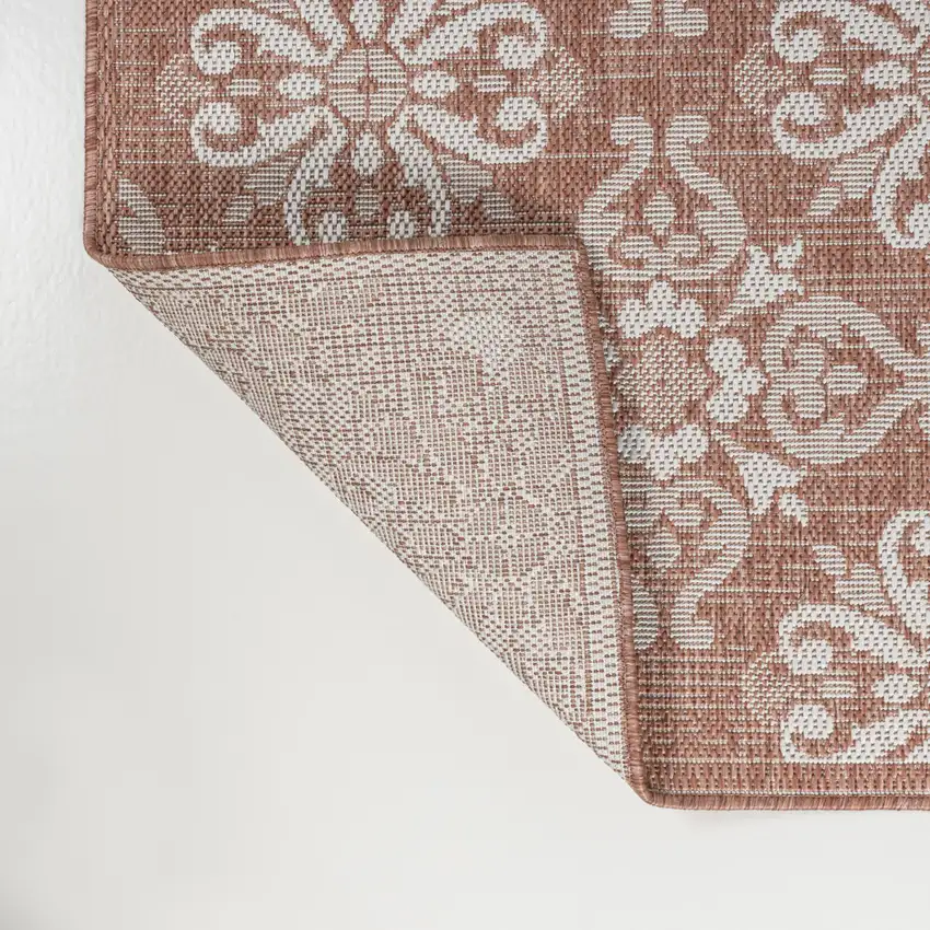 8' Salmon And Cream Floral Indoor Outdoor Runner Rug Photo 8