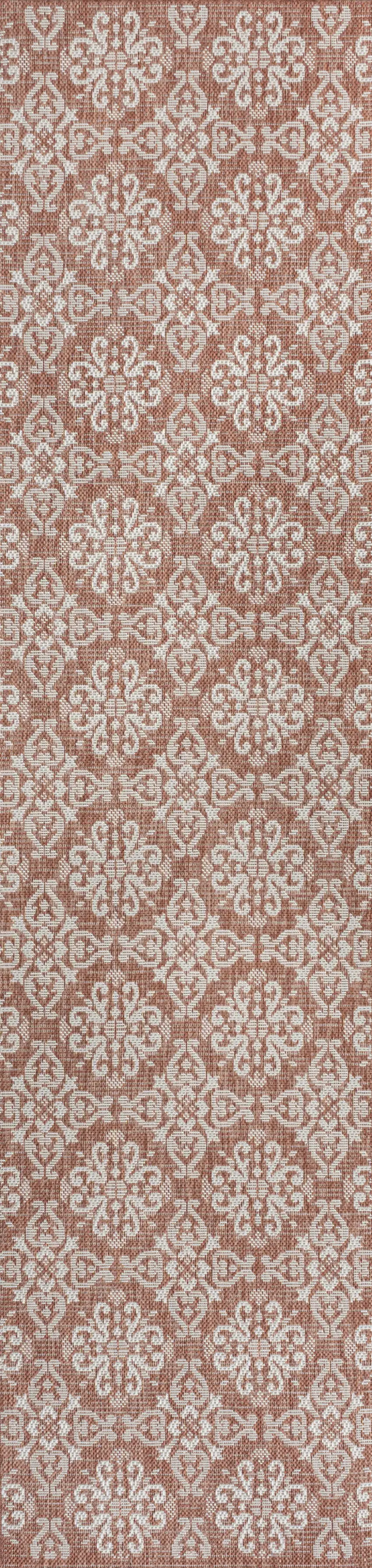8' Salmon And Cream Floral Indoor Outdoor Runner Rug Photo 1