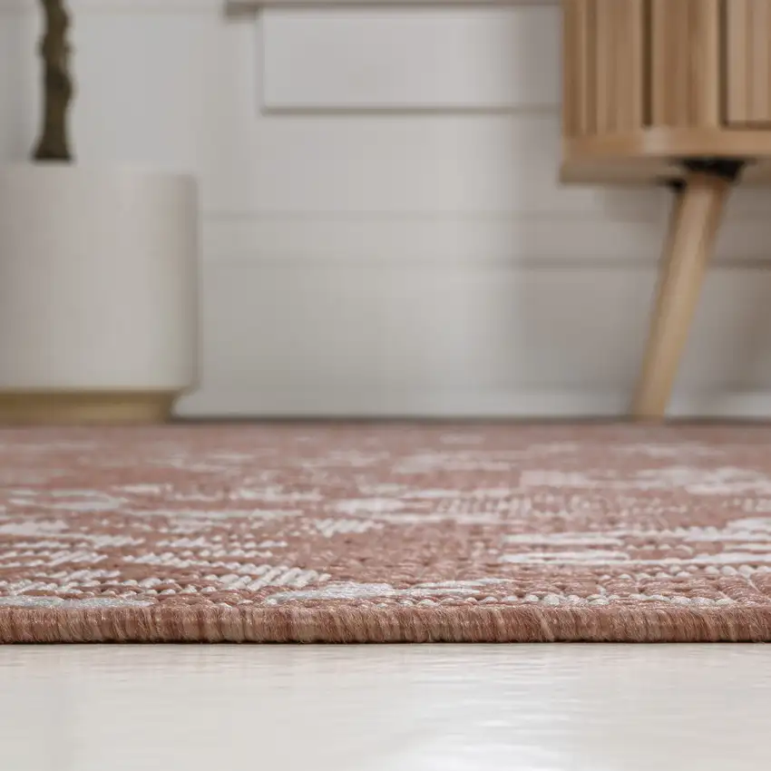 8' Salmon And Cream Floral Indoor Outdoor Runner Rug Photo 7