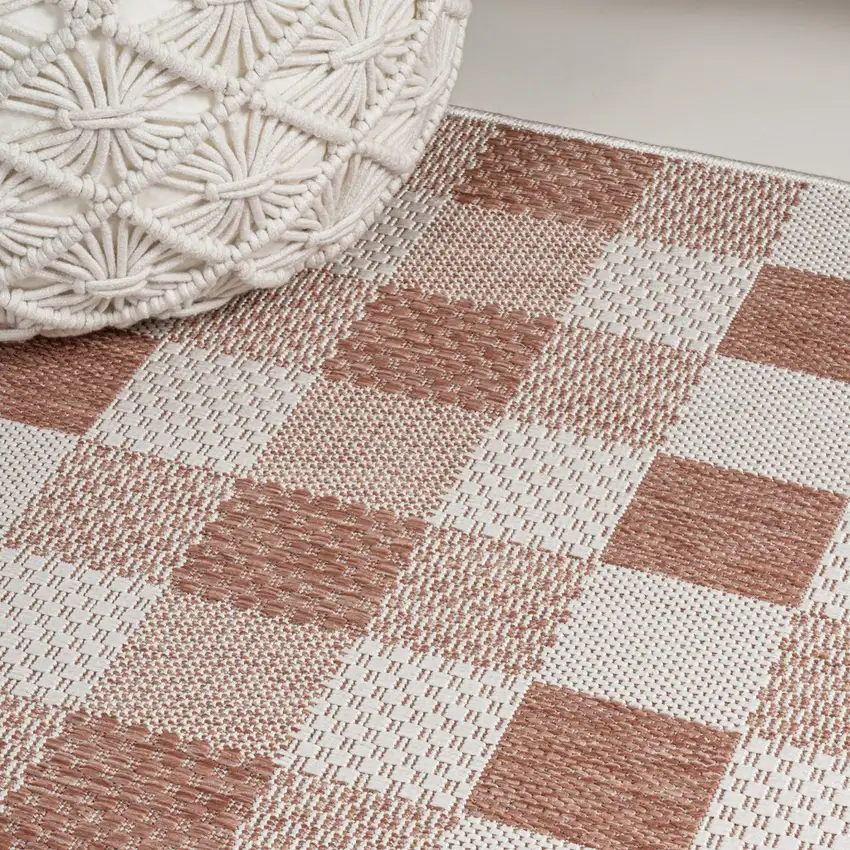 8' Salmon And Cream Geometric Indoor Outdoor Runner Rug Photo 9