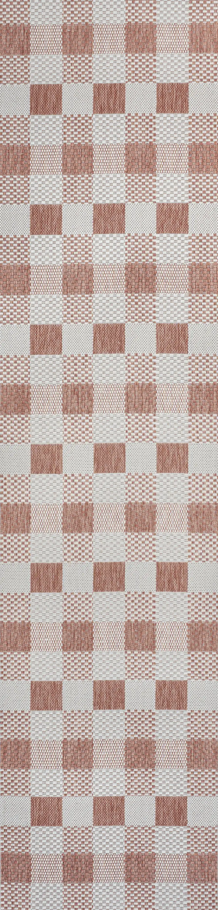 8' Salmon And Cream Geometric Indoor Outdoor Runner Rug Photo 1