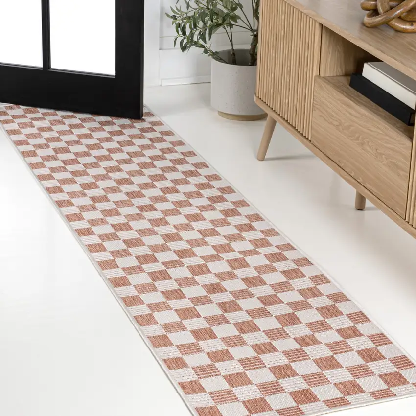 8' Salmon And Cream Geometric Indoor Outdoor Runner Rug Photo 4