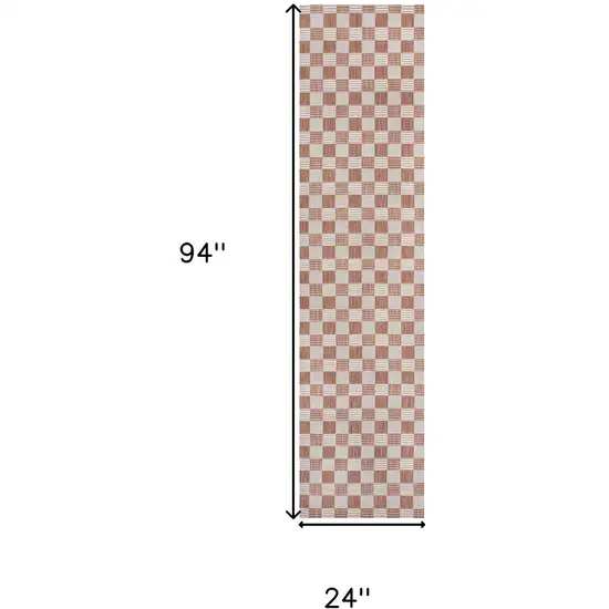 8' Salmon And Cream Geometric Indoor Outdoor Runner Rug Photo 6