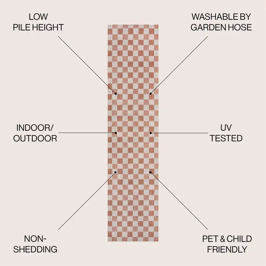 8' Salmon And Cream Geometric Indoor Outdoor Runner Rug Photo 9