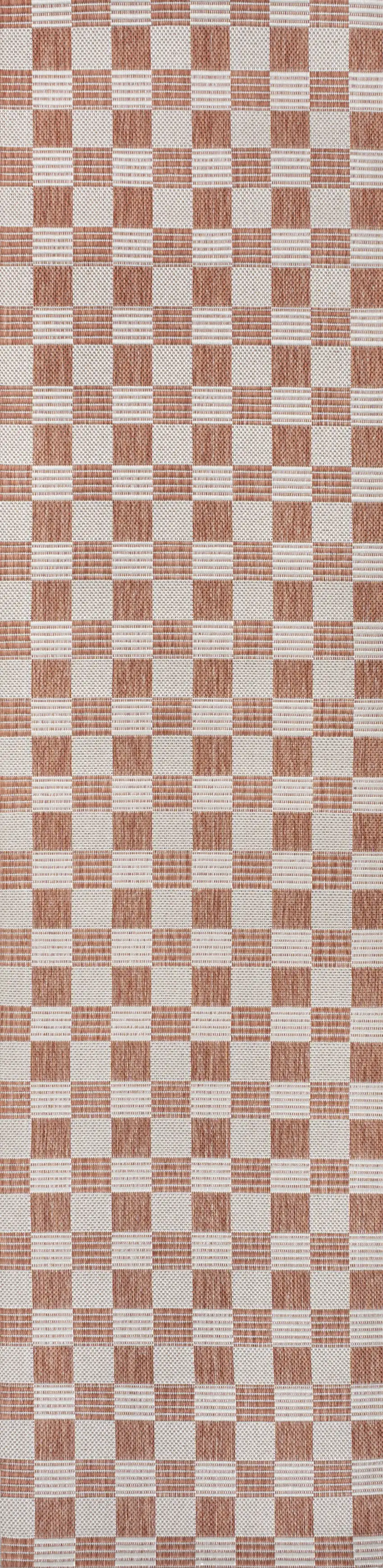 8' Salmon And Cream Geometric Indoor Outdoor Runner Rug Photo 3