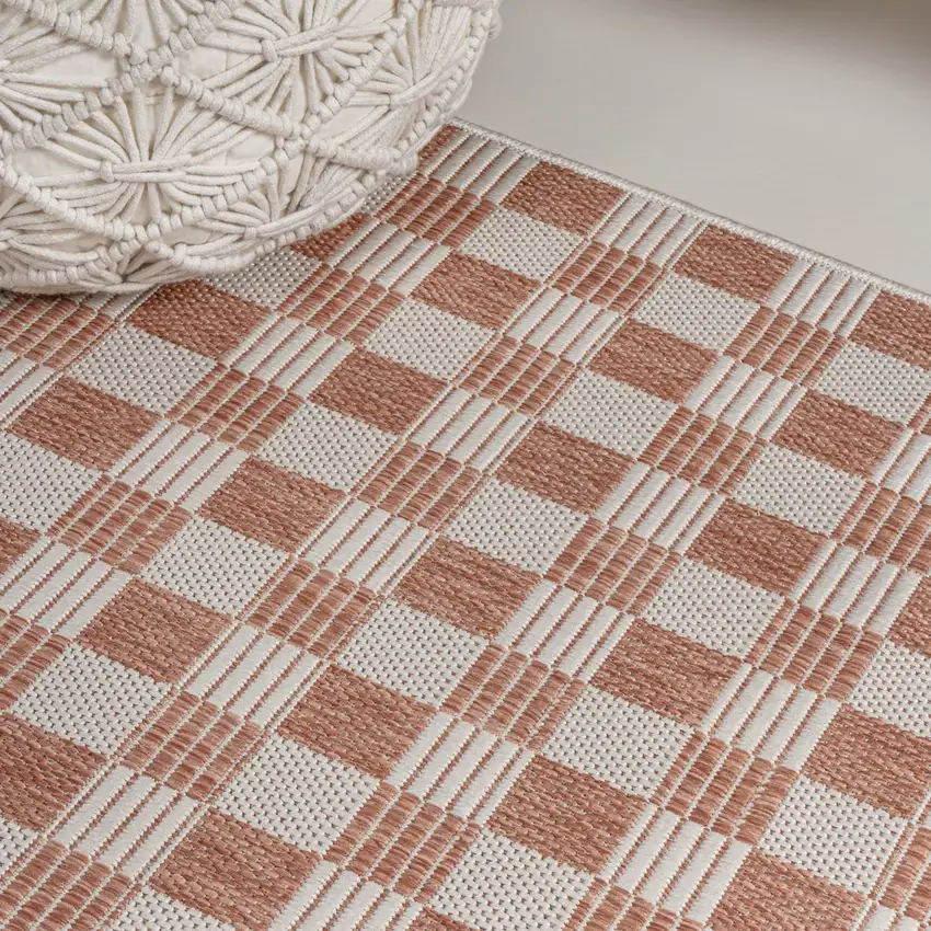 8' Salmon And Cream Geometric Indoor Outdoor Runner Rug Photo 5