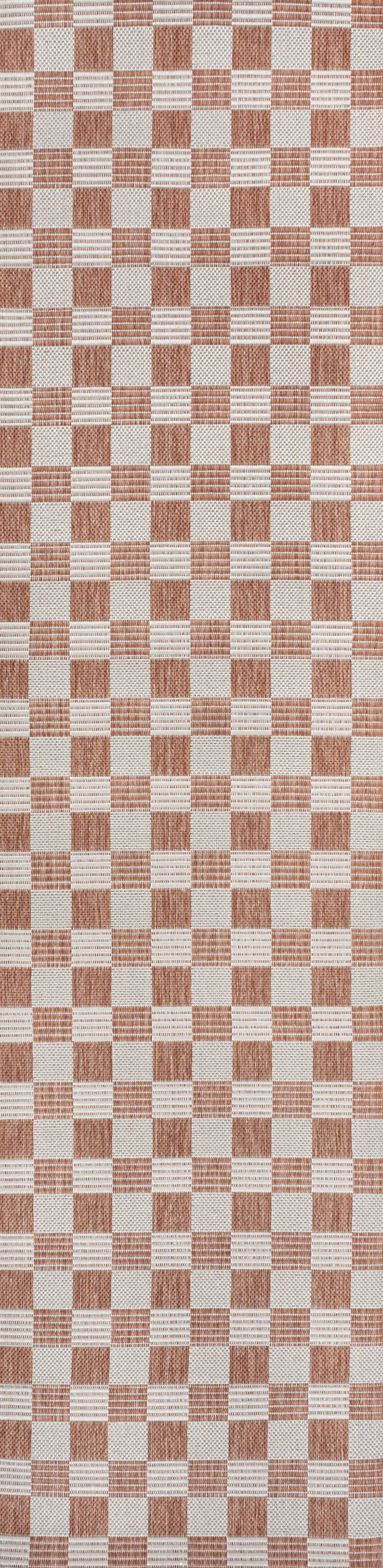 8' Salmon And Cream Geometric Indoor Outdoor Runner Rug Photo 1