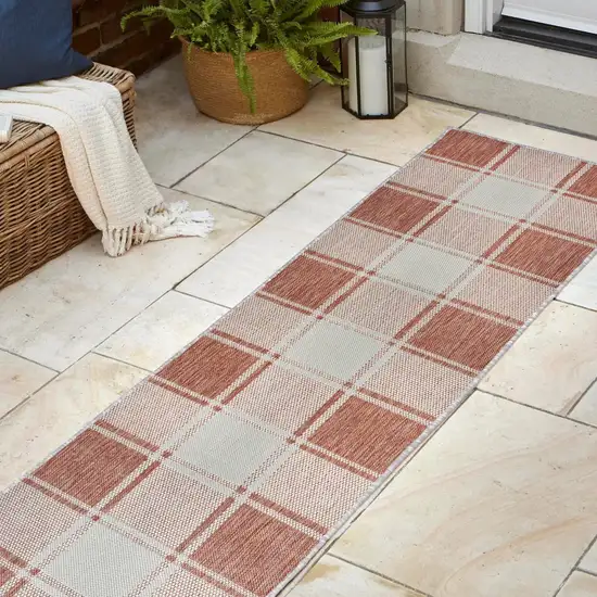 8' Salmon And Cream Gingham Indoor Outdoor Runner Rug Photo 4