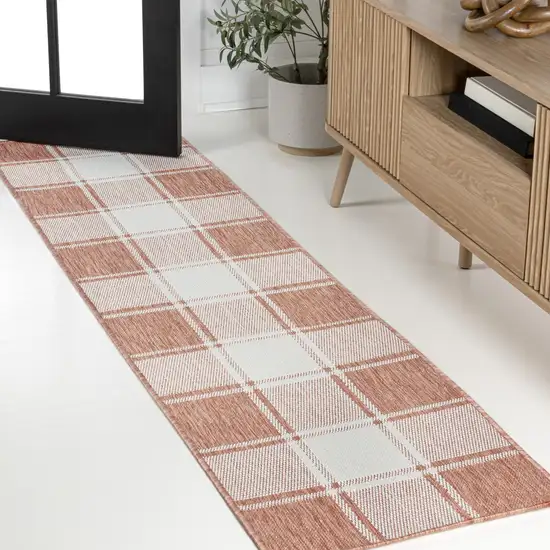 8' Salmon And Cream Gingham Indoor Outdoor Runner Rug Photo 3