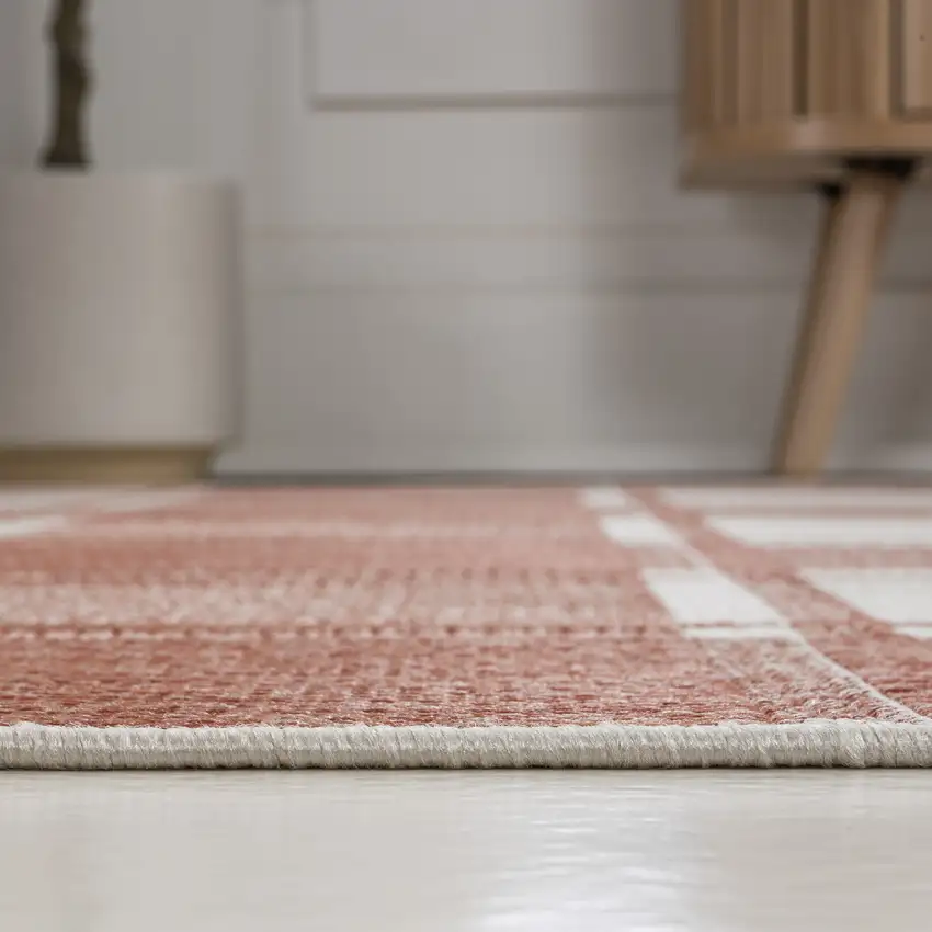 8' Salmon And Cream Gingham Indoor Outdoor Runner Rug Photo 5