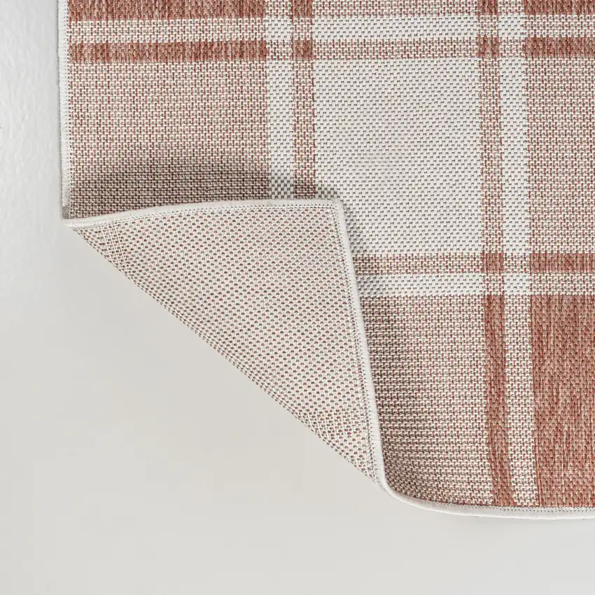 8' Salmon And Cream Gingham Indoor Outdoor Runner Rug Photo 8