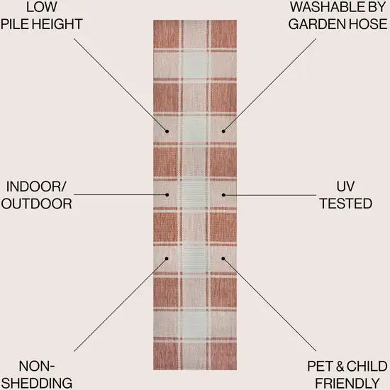 8' Salmon And Cream Gingham Indoor Outdoor Runner Rug Photo 7