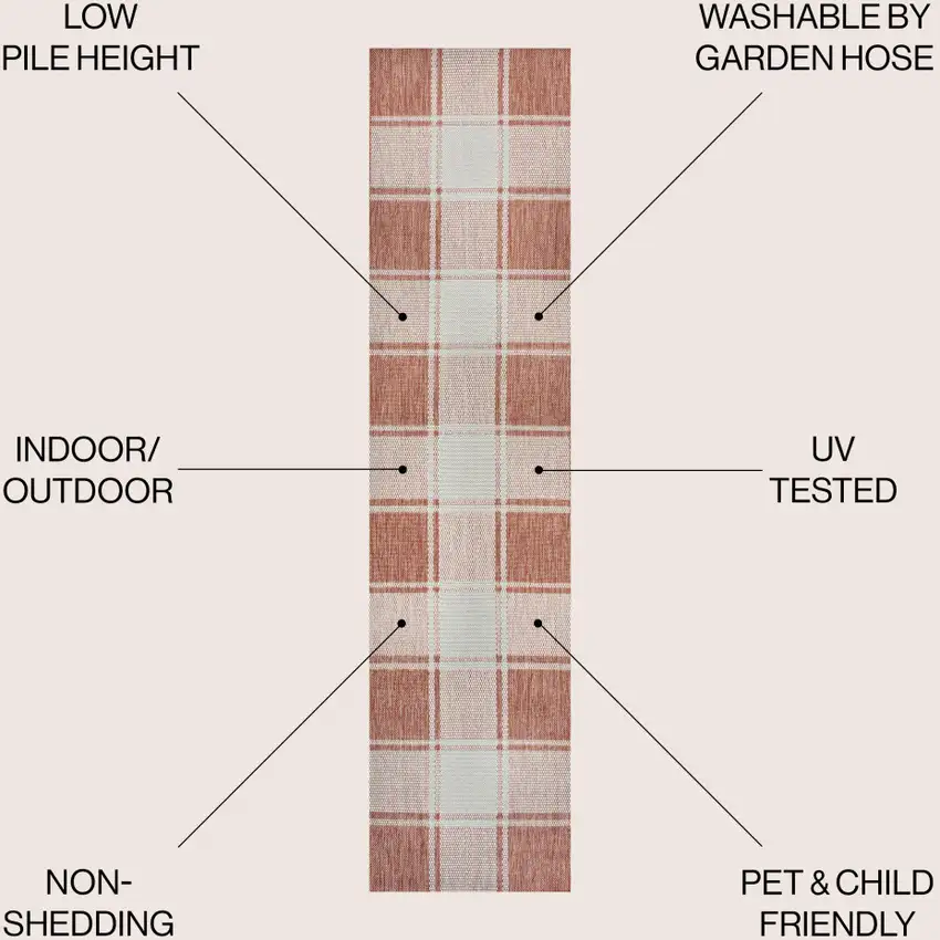 8' Salmon And Cream Gingham Indoor Outdoor Runner Rug Photo 7