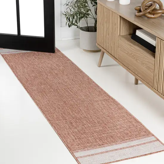 8' Salmon And Cream Indoor Outdoor Runner Rug Photo 4