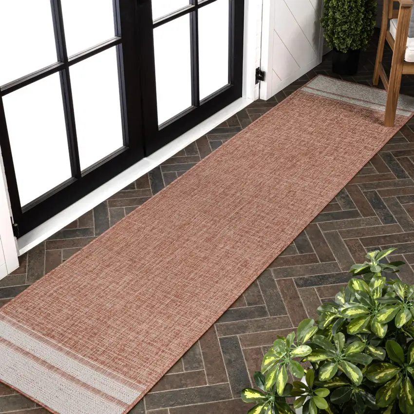 8' Salmon And Cream Indoor Outdoor Runner Rug Photo 5
