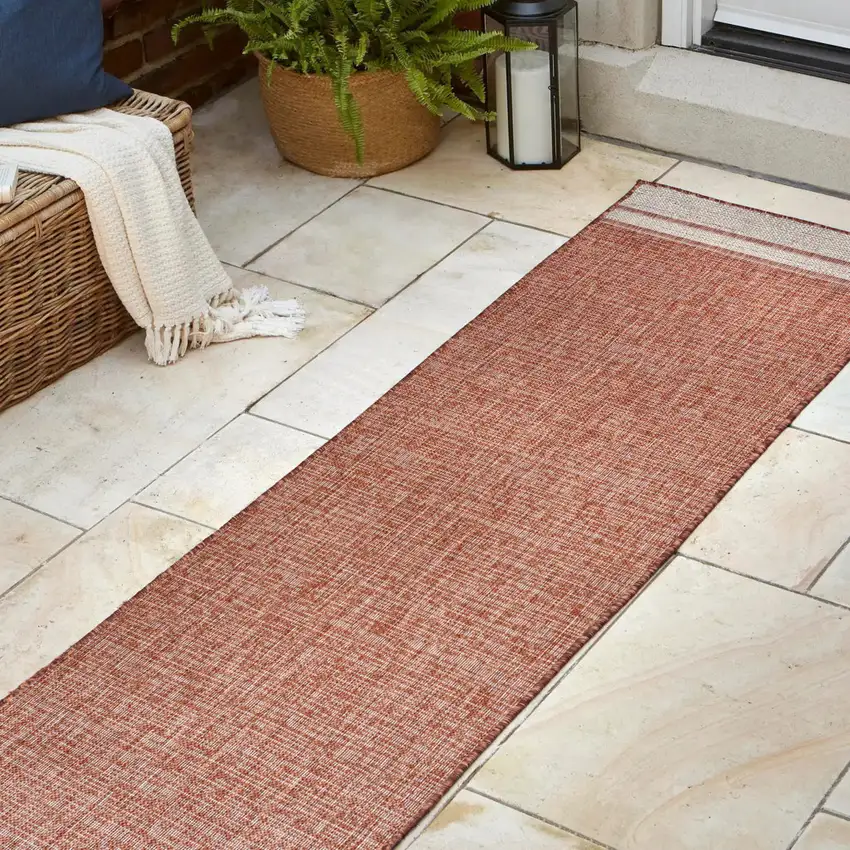 8' Salmon And Cream Indoor Outdoor Runner Rug Photo 6