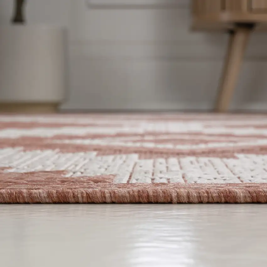 8' Salmon And Cream Moroccan Indoor Outdoor Runner Rug Photo 6