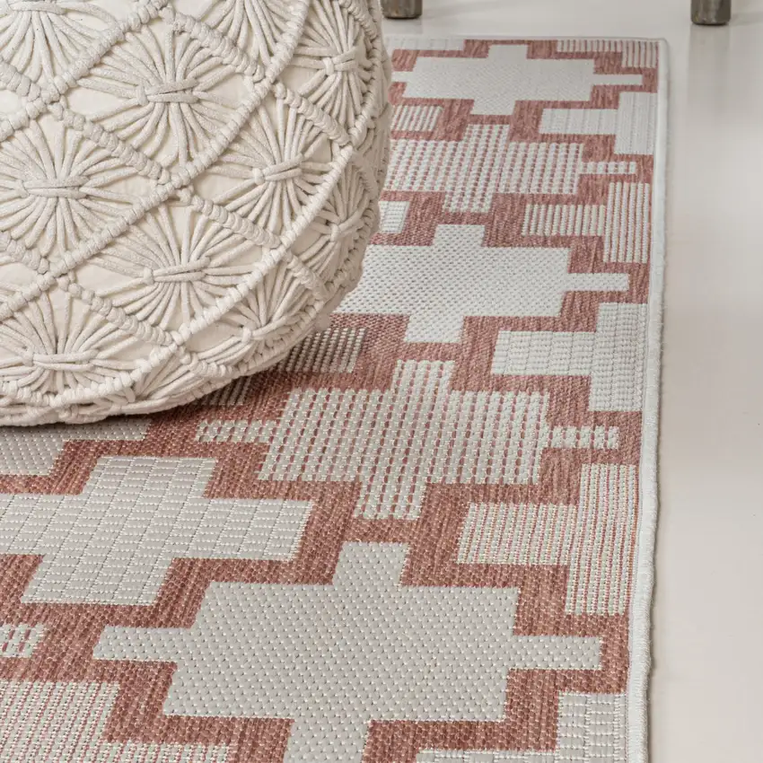 8' Salmon And Cream Trellis Indoor Outdoor Runner Rug Photo 5