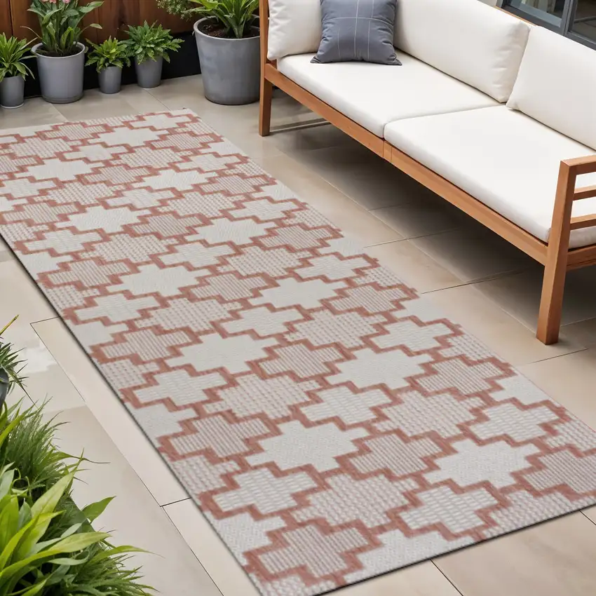 8' Salmon And Cream Trellis Indoor Outdoor Runner Rug Photo 1