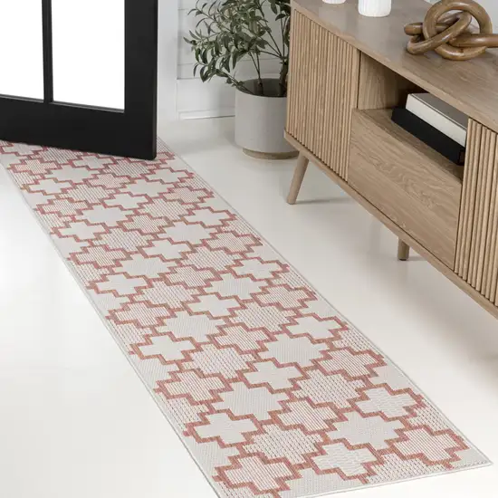 8' Salmon And Cream Trellis Indoor Outdoor Runner Rug Photo 4