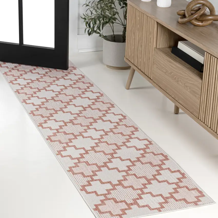 8' Salmon And Cream Trellis Indoor Outdoor Runner Rug Photo 4