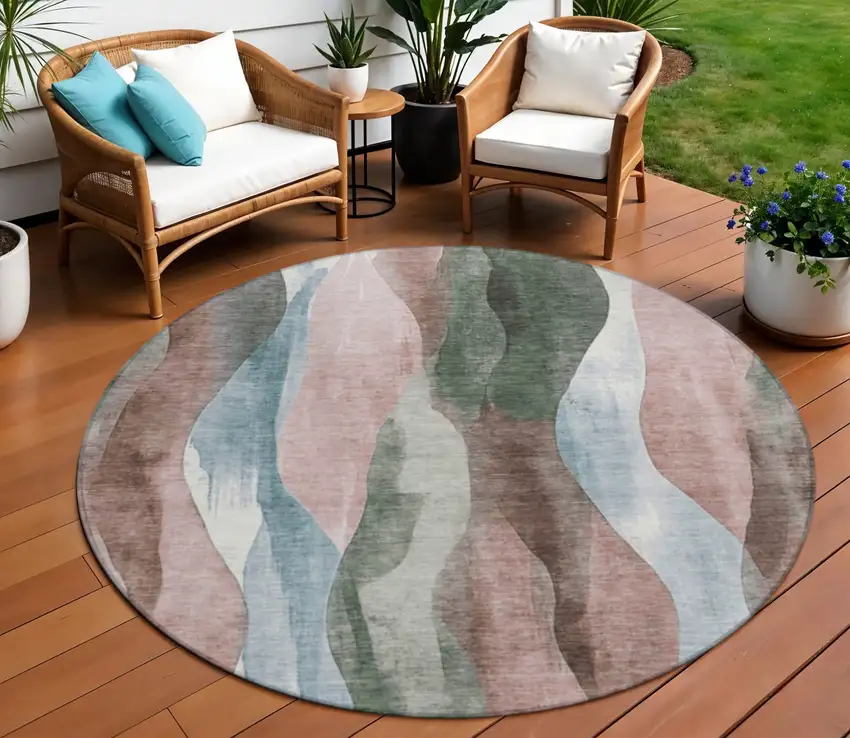 8' Salmon And Denim Blue Round Abstract Washable Indoor Outdoor Area Rug Photo 2