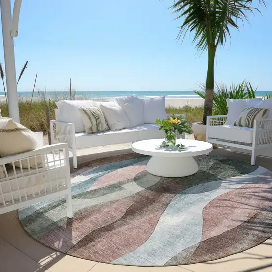 8' Salmon And Denim Blue Round Abstract Washable Indoor Outdoor Area Rug Photo 5