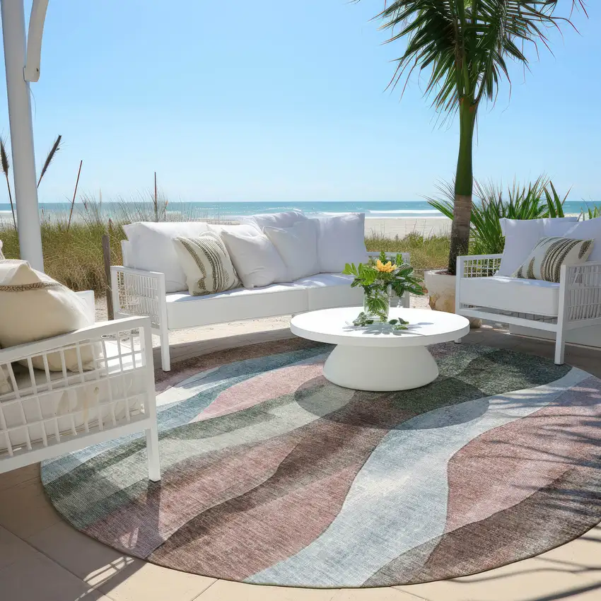 8' Salmon And Denim Blue Round Abstract Washable Indoor Outdoor Area Rug Photo 5