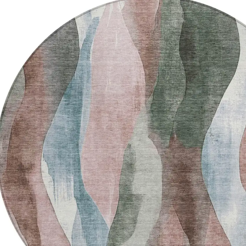 8' Salmon And Denim Blue Round Abstract Washable Indoor Outdoor Area Rug Photo 8