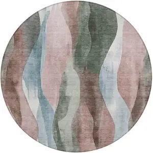 Photo of 8' Salmon And Denim Blue Round Abstract Washable Indoor Outdoor Area Rug