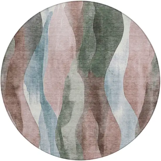8' Salmon And Denim Blue Round Abstract Washable Indoor Outdoor Area Rug Photo 1