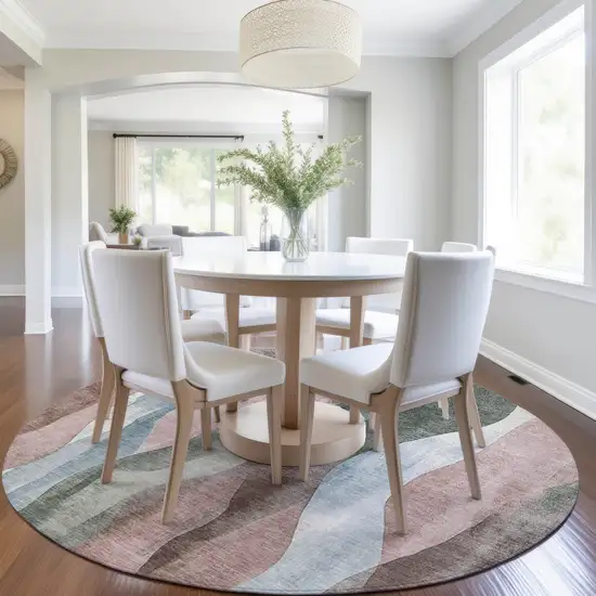 8' Salmon And Denim Blue Round Abstract Washable Indoor Outdoor Area Rug Photo 6