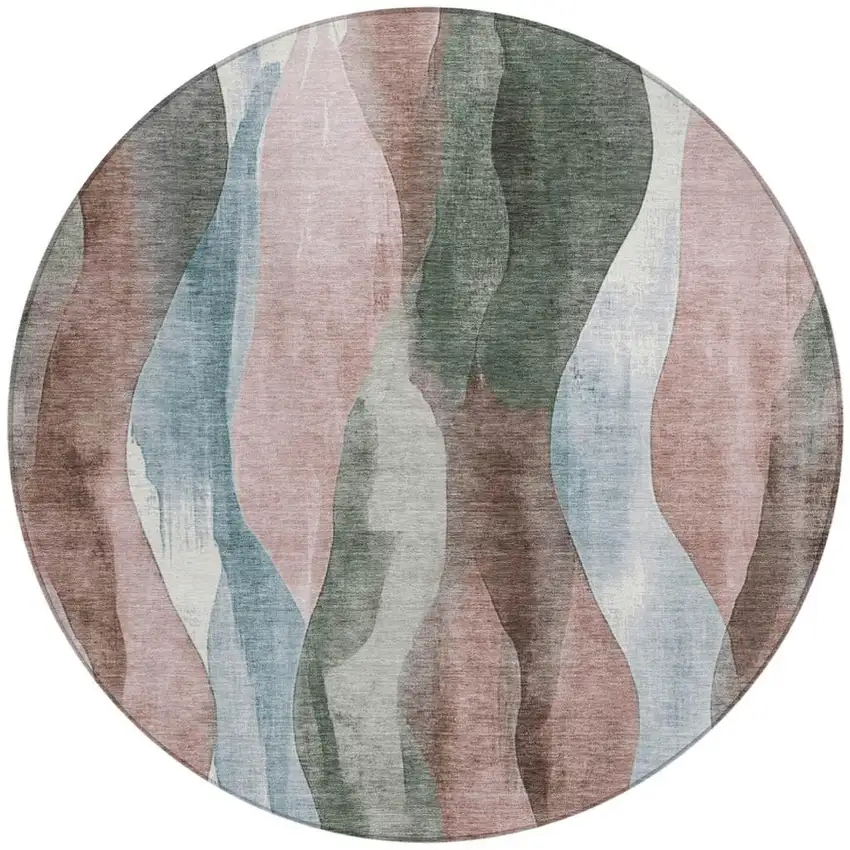 8' Salmon And Denim Blue Round Abstract Washable Indoor Outdoor Area Rug Photo 3