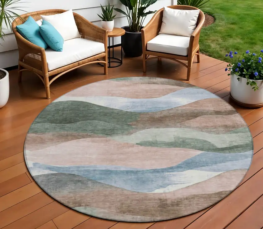 8' Salmon And Emerald Round Abstract Washable Indoor Outdoor Area Rug Photo 2