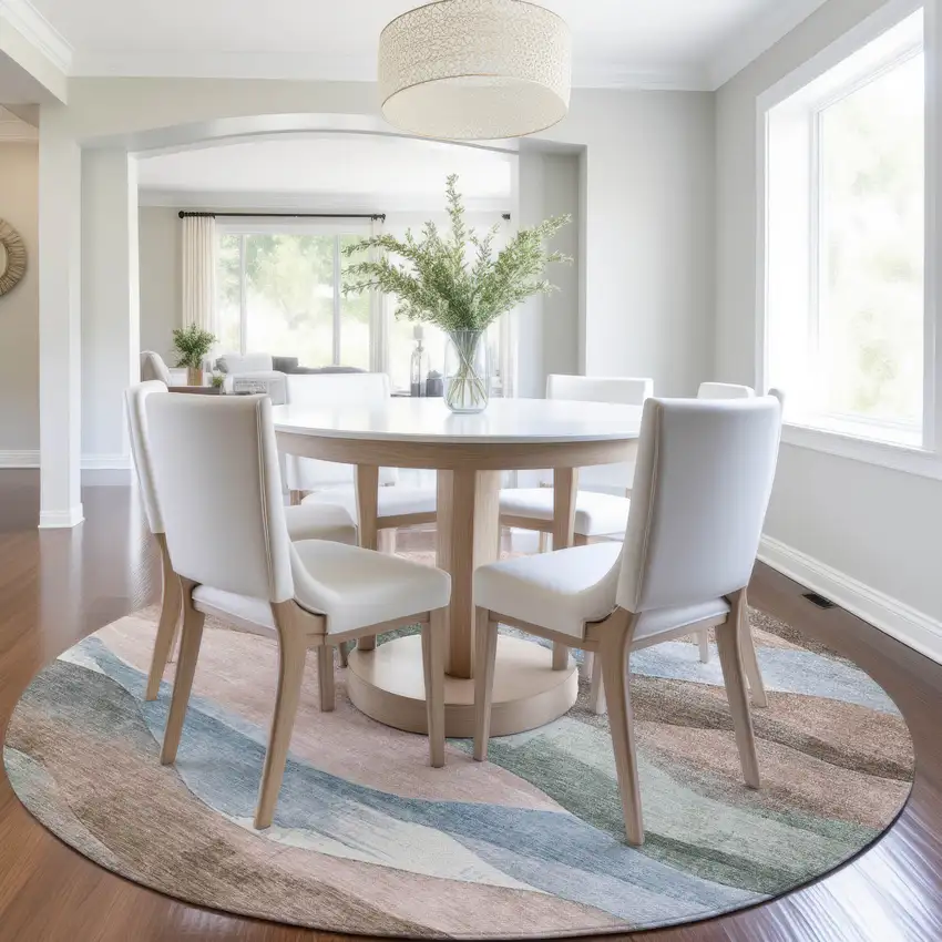 8' Salmon And Emerald Round Abstract Washable Indoor Outdoor Area Rug Photo 6