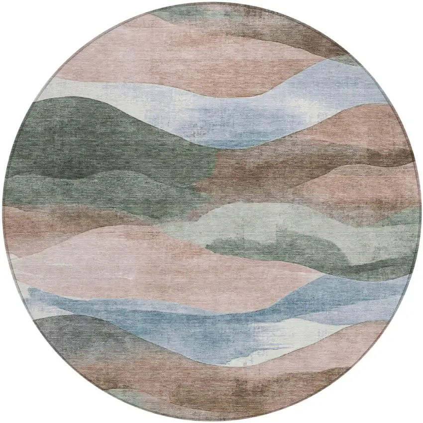 8' Salmon And Emerald Round Abstract Washable Indoor Outdoor Area Rug Photo 1