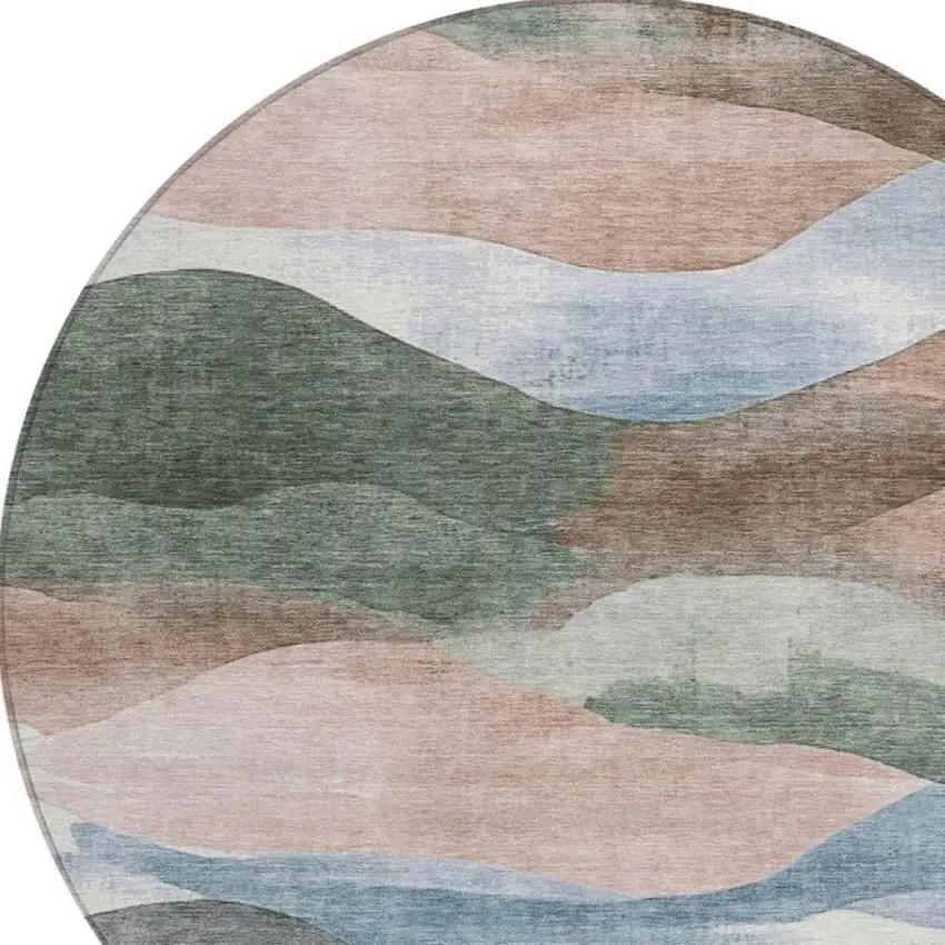 8' Salmon And Emerald Round Abstract Washable Indoor Outdoor Area Rug Photo 4
