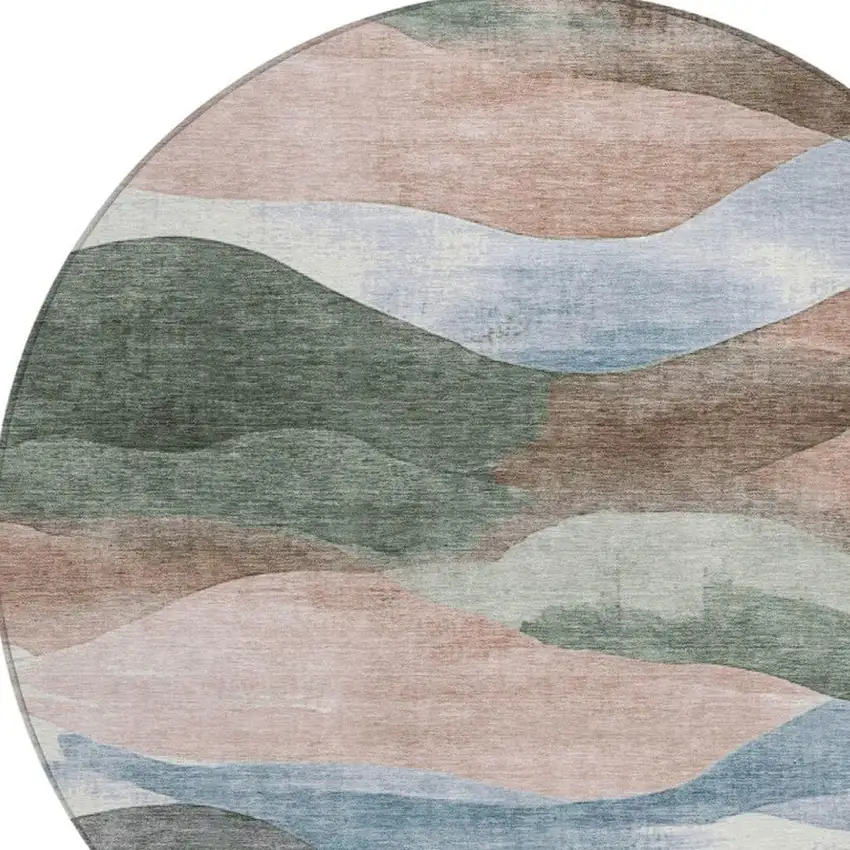 8' Salmon And Emerald Round Abstract Washable Indoor Outdoor Area Rug Photo 8