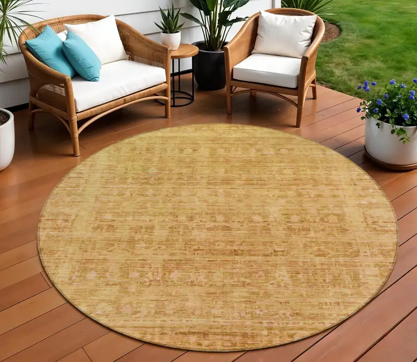 8' Salmon And Gold Round Abstract Washable Indoor Outdoor Area Rug Photo 2