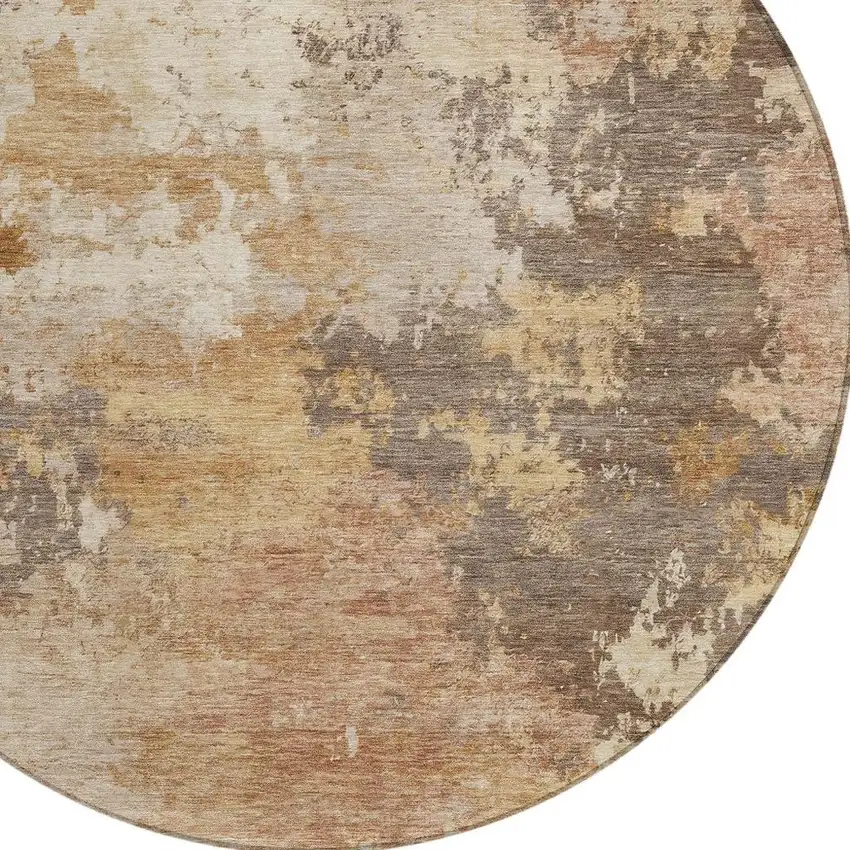 8' Salmon And Gold Round Abstract Washable Indoor Outdoor Area Rug Photo 2