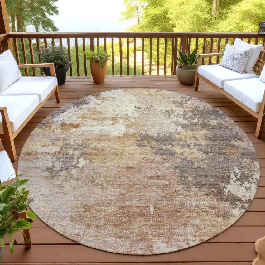 8' Salmon And Gold Round Abstract Washable Indoor Outdoor Area Rug Photo 4