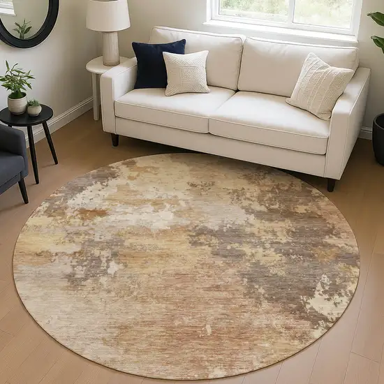 8' Salmon And Gold Round Abstract Washable Indoor Outdoor Area Rug Photo 5