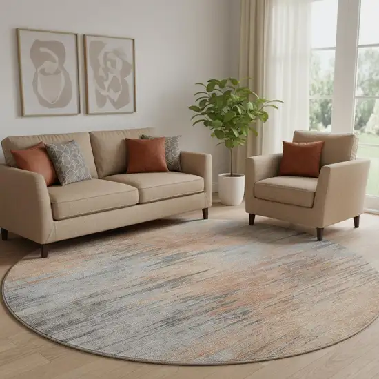 8' Salmon And Gray Abstract Washable Round Rug With UV Protection Photo 1