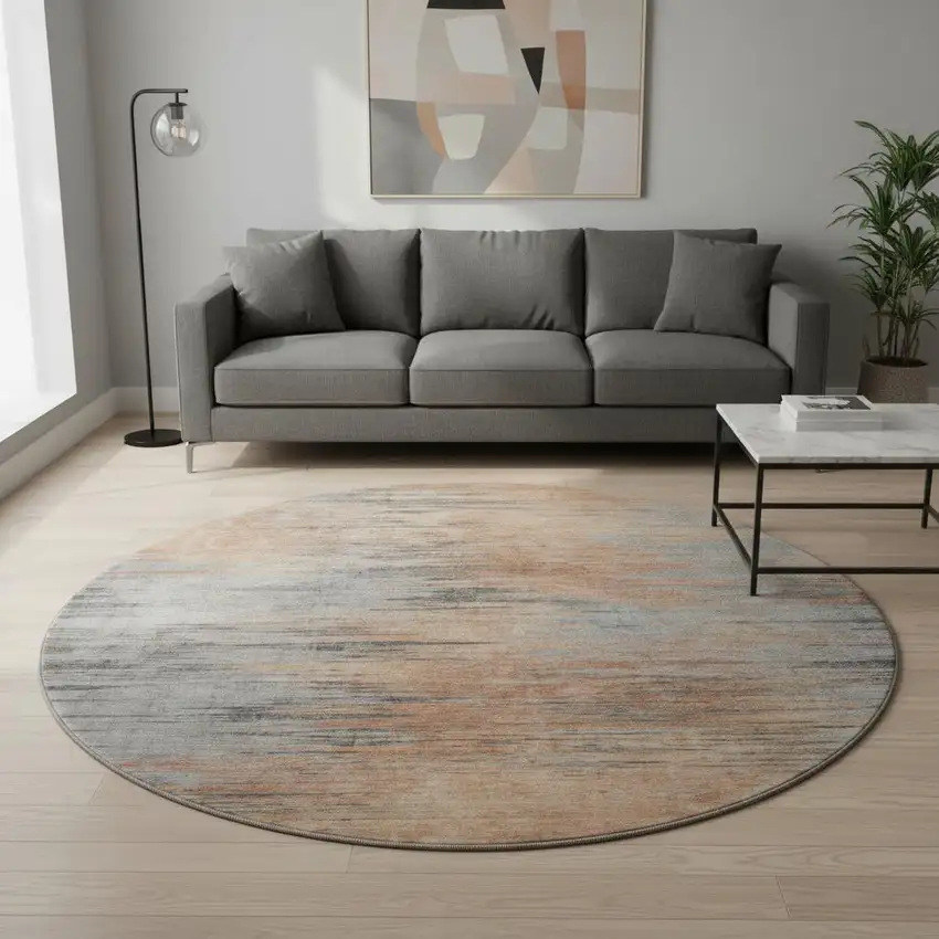 8' Salmon And Gray Abstract Washable Round Rug With UV Protection Photo 2