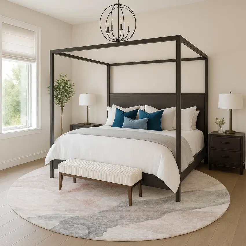 8' Salmon And Gray Abstract Washable Round Rug With UV Protection Photo 5