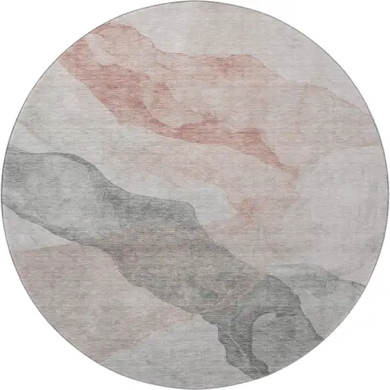 8' Salmon And Gray Abstract Washable Round Rug With UV Protection Photo 4