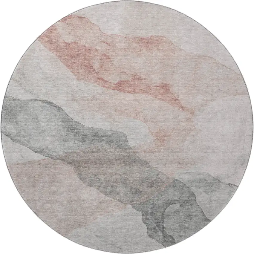 8' Salmon And Gray Abstract Washable Round Rug With UV Protection Photo 4
