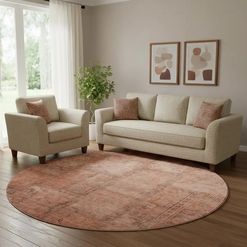 8' Salmon And Gray Patchwork Washable Round Rug With UV Protection Photo 1