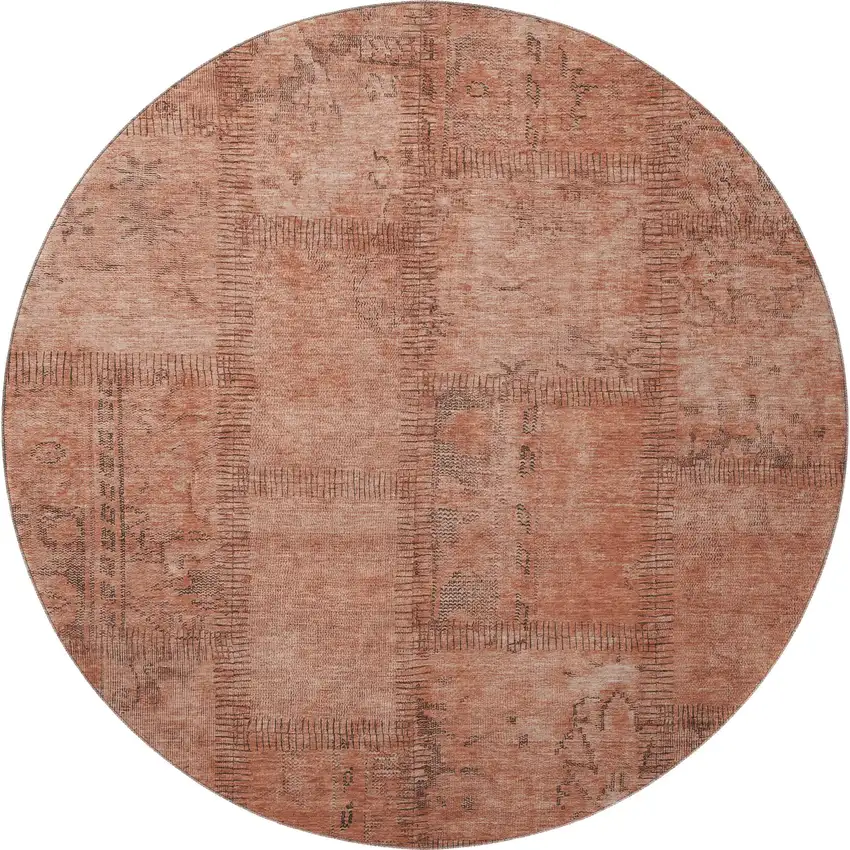8' Salmon And Gray Patchwork Washable Round Rug With UV Protection Photo 2